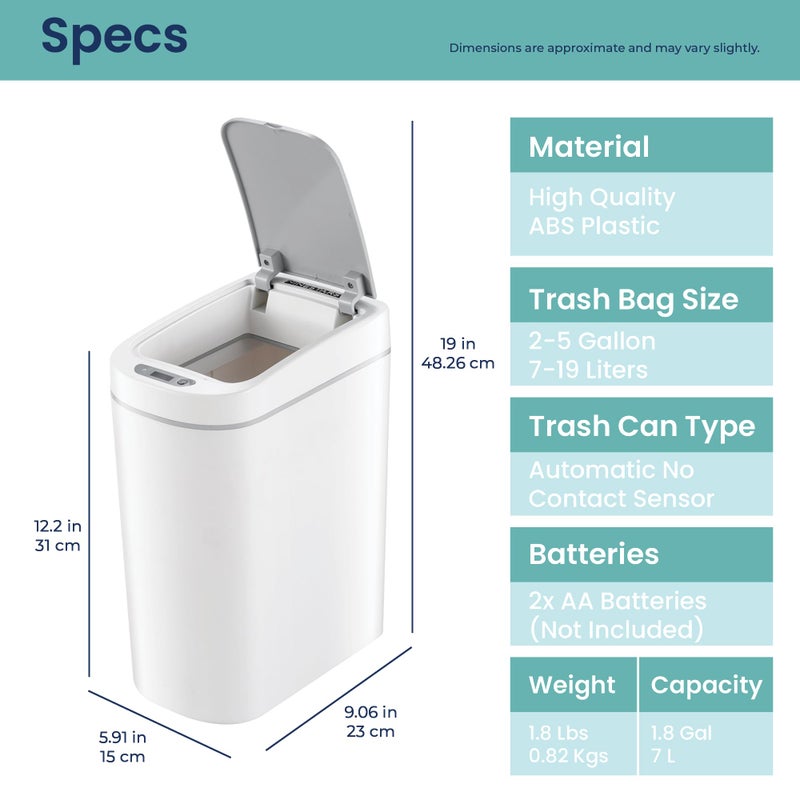 Ninestars AMZ-7-2 Bathroom Automatic Infrared Motion Sensor Trash Can, 1.8 Gal 7L, ABS Plastic Trashcan (Slim, White) - Image 5